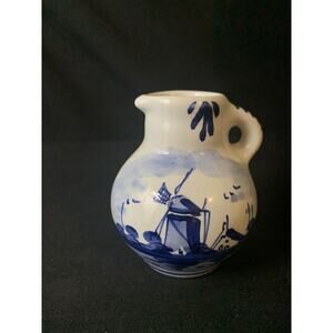Delft Holland Small Blue Pitcher Vase Handmade Windmill 3.5" Tall